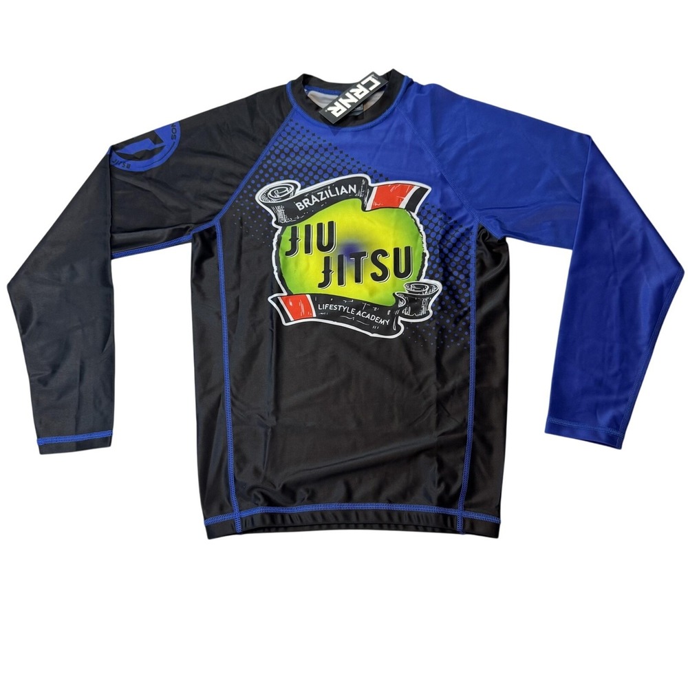 CRNR Combat Corner Long Sleeve Rash Guard Shirt Mens Small Blue BJJ Jiu Jitsu‎